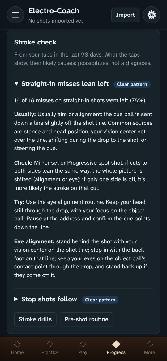 Stroke check: straight-in misses lean left, with likely causes and what to try